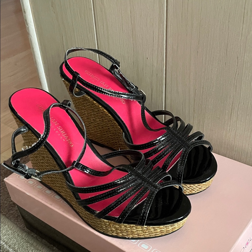 Christian Siriano Black and Pink Strappy Wedges